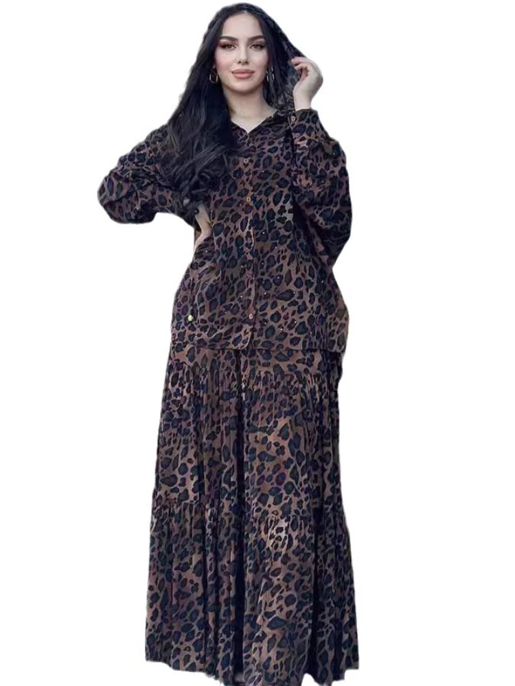 Muslim Two Pieces Set Women Dubai Dress Buttons Tops Skirt Suits Abaya Arab Kaftan Islam Leopard Print Outfits Turkey Jalabiya