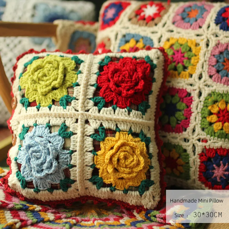 

30X30CM Bohemian Handmade Wool Retro Forest Series Pure Handmade Hook Flower Three-dimensional Flower Pillow Cover Sofa Cushion