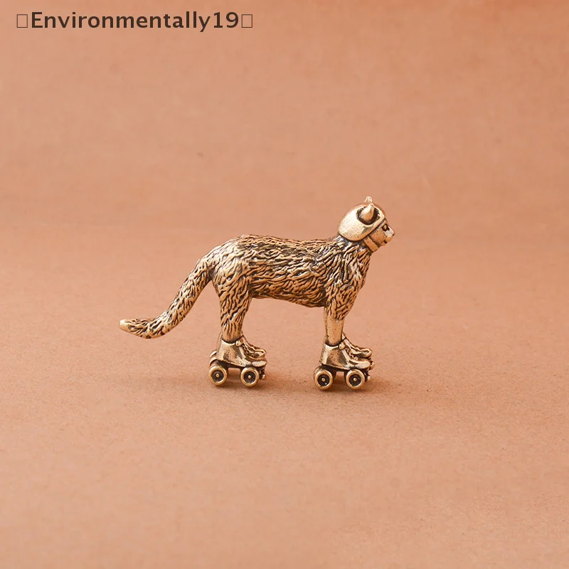 Brass Distressed Ski Cat Figurine Miniature Tea Pet Craft Desktop Small Ornament Animal Home Decor Accessories Children Gift