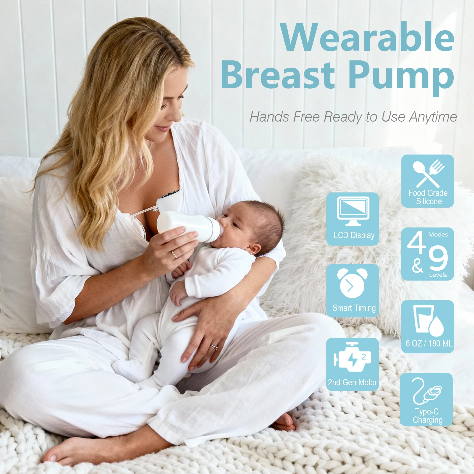 Tiralatte indossabile elettrico a doppia aspirazione 4 modalità 9 livelli Allattamento al seno portatile silenzioso senza BPA, flangia da 24 mm