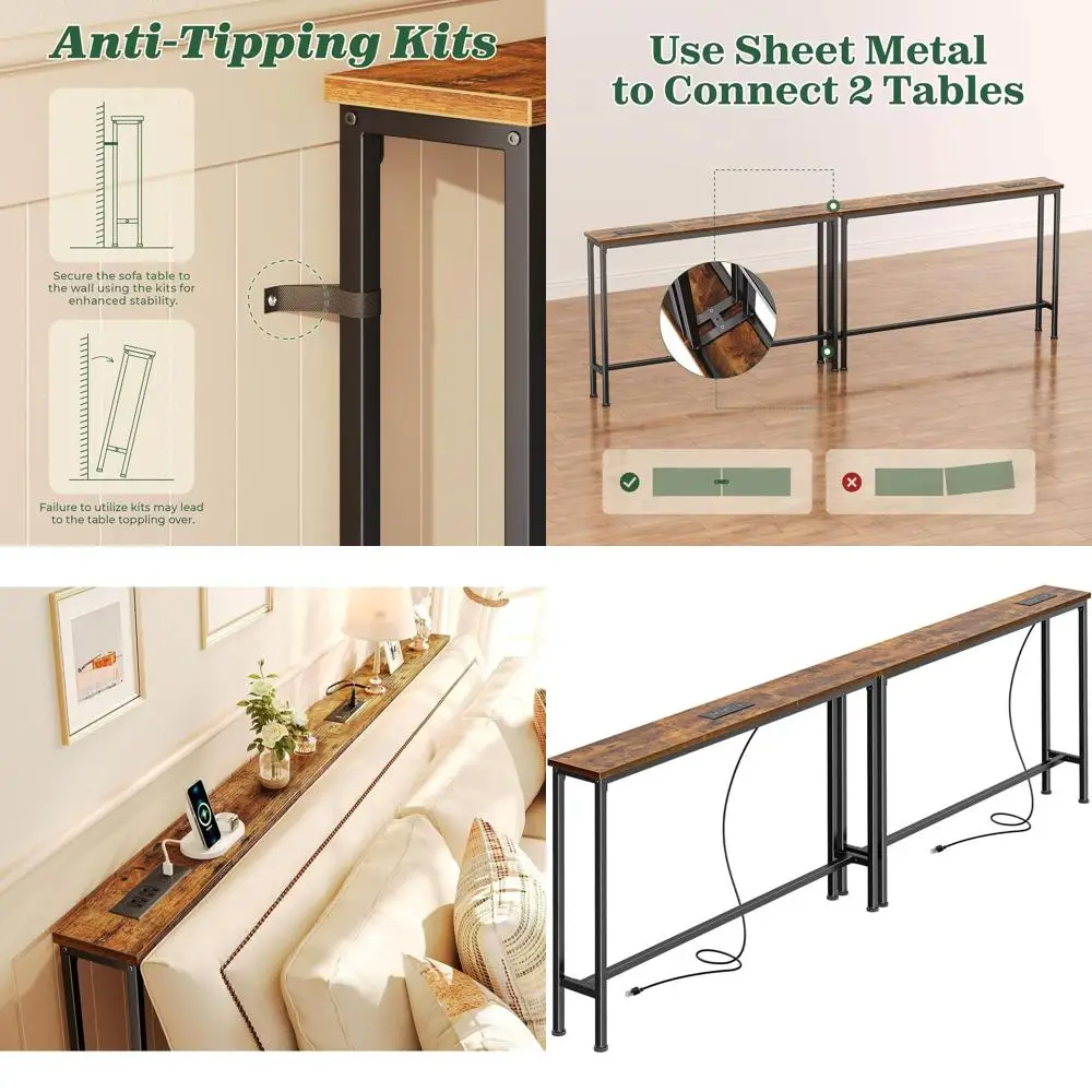 

Rustic Brown 78.8 Console Table Set, 2-Piece Sofa Table, Outlet-Equipped, Charging Station, Suitable for Living Room and Entrywa