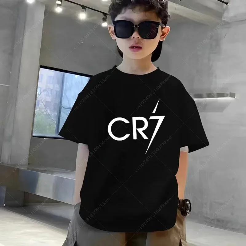 Fashion Football Star Printed Children's Clothing Kids Summer Short-sleeved Boys Girls Black Cotton T-shirt Sportswear Tops Tee