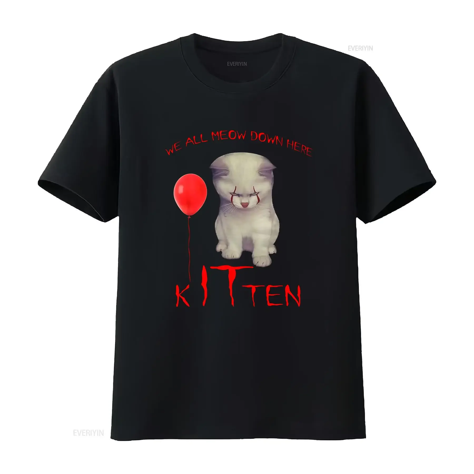 Camiseta de Halloween Gato Payaso Asustado Negra Cuello Redondo Casual Transpirable para Hombre Tejido Ligeramente vintage