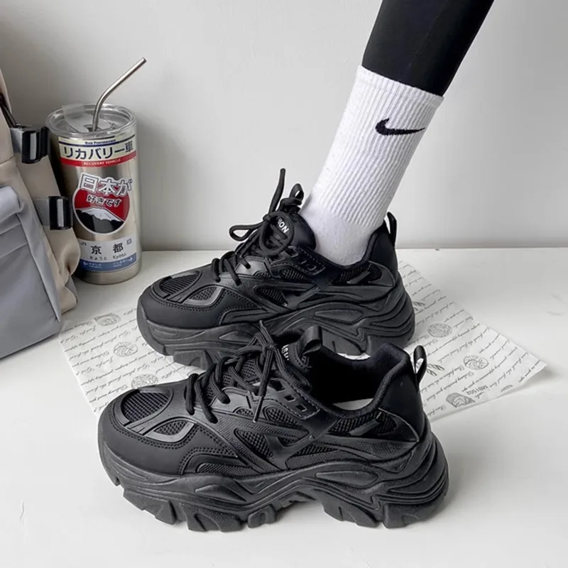 2024 New Fashion Sport Summer Black Casual Chunky Sneakers Women Mesh Leather Platform Shoes