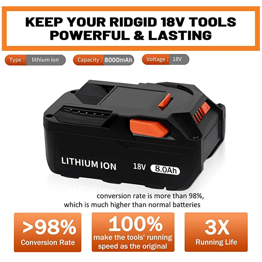18V For AEG Battery 8.0AH Lithium Ion Battery for RIDGID R840087 R840085 L1815R L1850R L1830R R840083 Cordless Power Tool Series