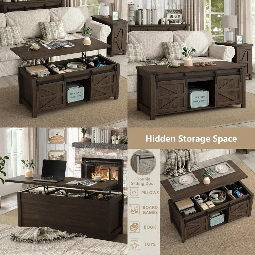 Rustic Farmhouse Style Lift Top Coffee Table with Sliding Barn Doors Storage for Living Room