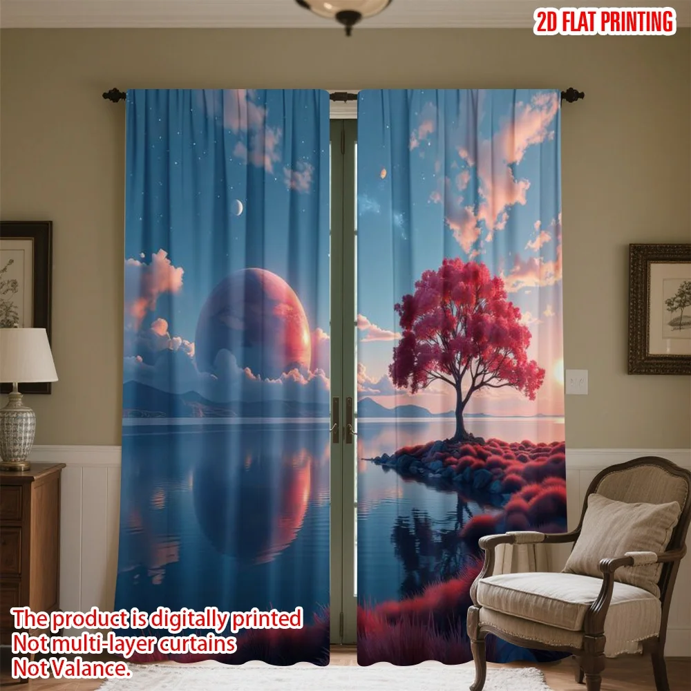 

2D flat printing 2pcs Window Curtains Surreal Sunset Lake Scene Digital Printed Polyester Drapes All Season Party & Holiday