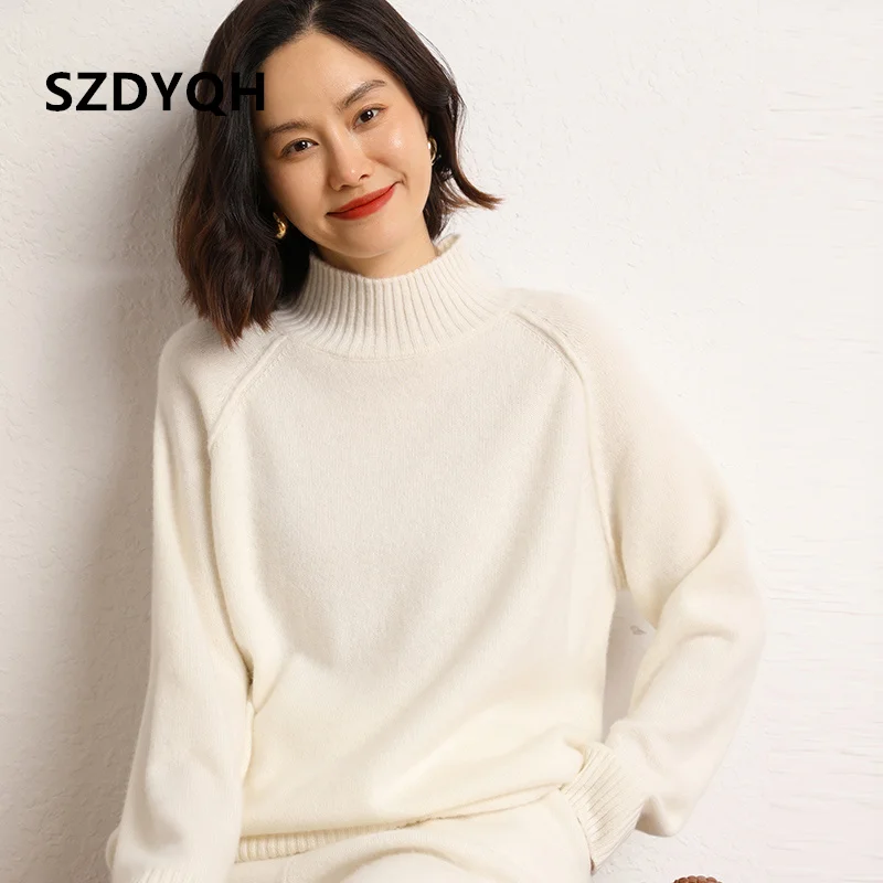 2023 Hot Sale Autumn Winter Women\'s 100% Cashmere Sweater Half High Collar Pullover Female Loose Large Size Thicken Knit Jumper