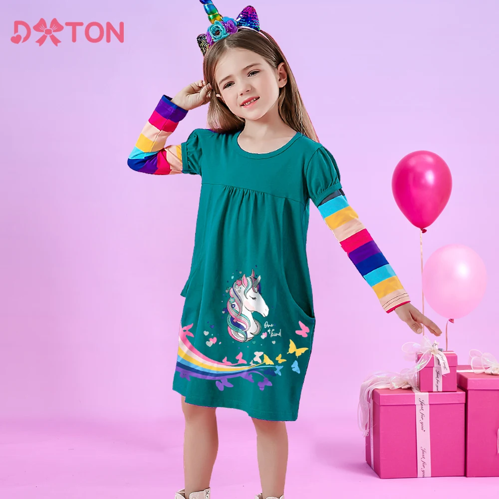 

DXTON Toddler Girls Dress Rainbow Long Sleeve Kids Dress Unicorn Children Casual Clothing Butterfly Print Girls Winter Costumes