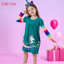DXTON Toddler Girls Dress Rainbow Long Sleeve Kids Dress Unicorn Children Casual Clothing Butterfly Print Girls Winter Costumes