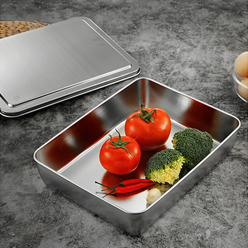 Thicken Stainless Steel Serving Tray with Lid Rectangle Metal Food Storage Plates Dish Cake Buffet Organizer Kitchen Container