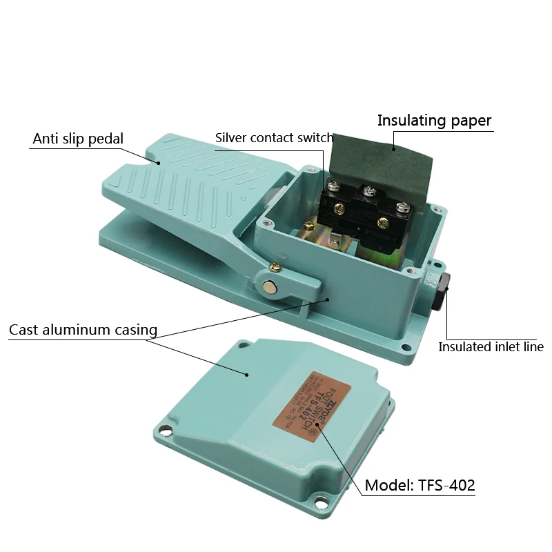 AC 250V 15A 1NO 1NC Momentary Treadle Pedal Foot Switch w Cable Gland TFS-402 Green