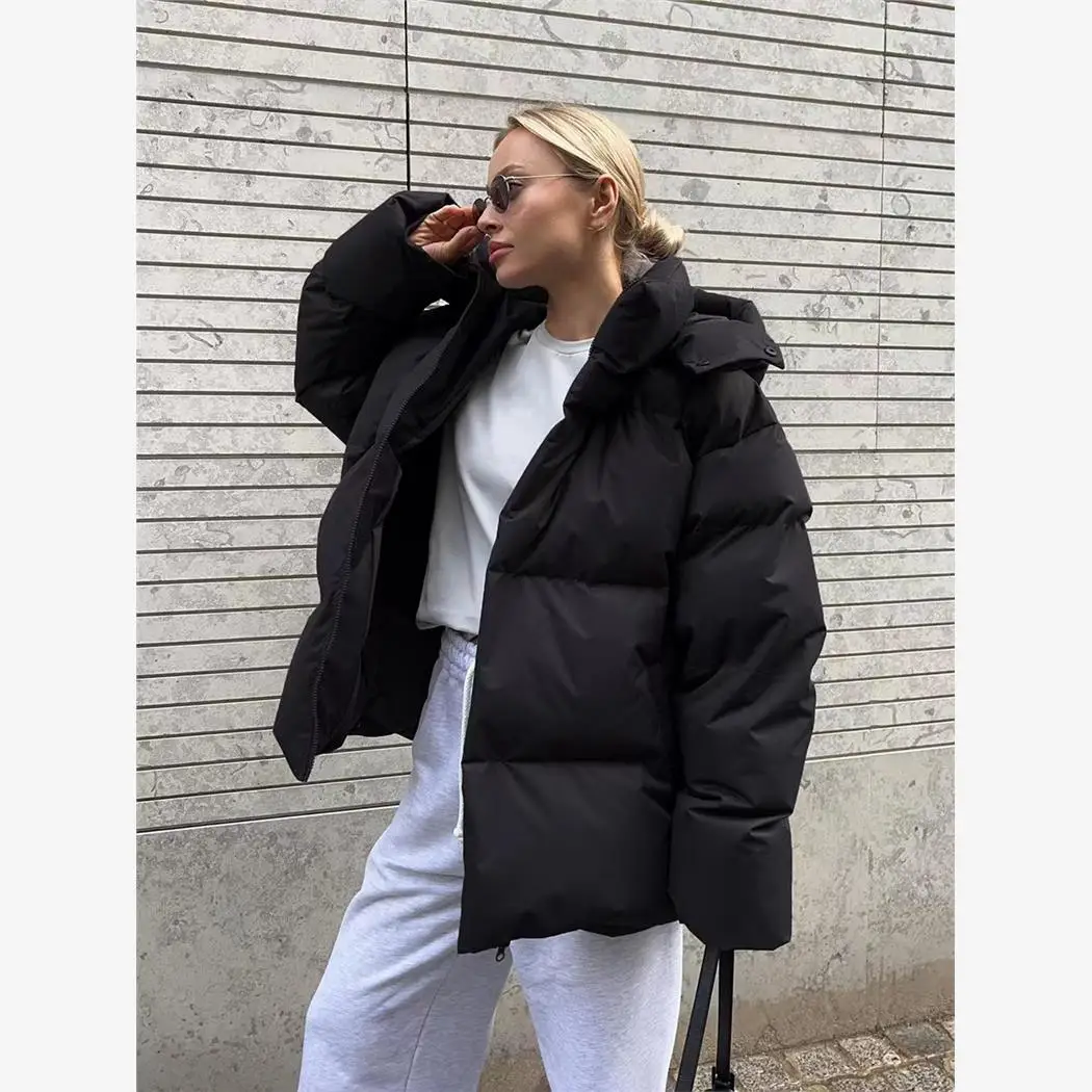 

Loose Fit Hooded Cotton Jacket Thickened Long Sleeve Zipper Closure Pure Color Knot Element Women's Winter Coat