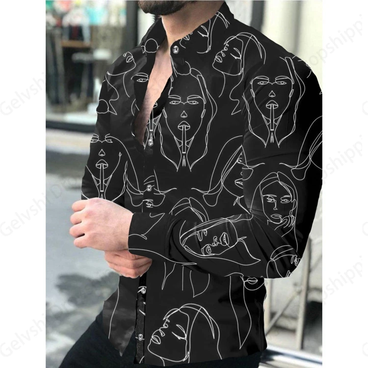 Long Sleeve Hawaiian Shirts Golden Line Pattern 3d Print Shirt Men Fashion Turn Down Collar Beach Shirt Social Blouse 5XL Camisa