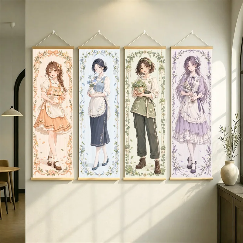 Anime Women in Peach and Lavender Dresses with Navy and Olive Outfits Wall Scroll in a Soft Floral Style for a Bedroom
