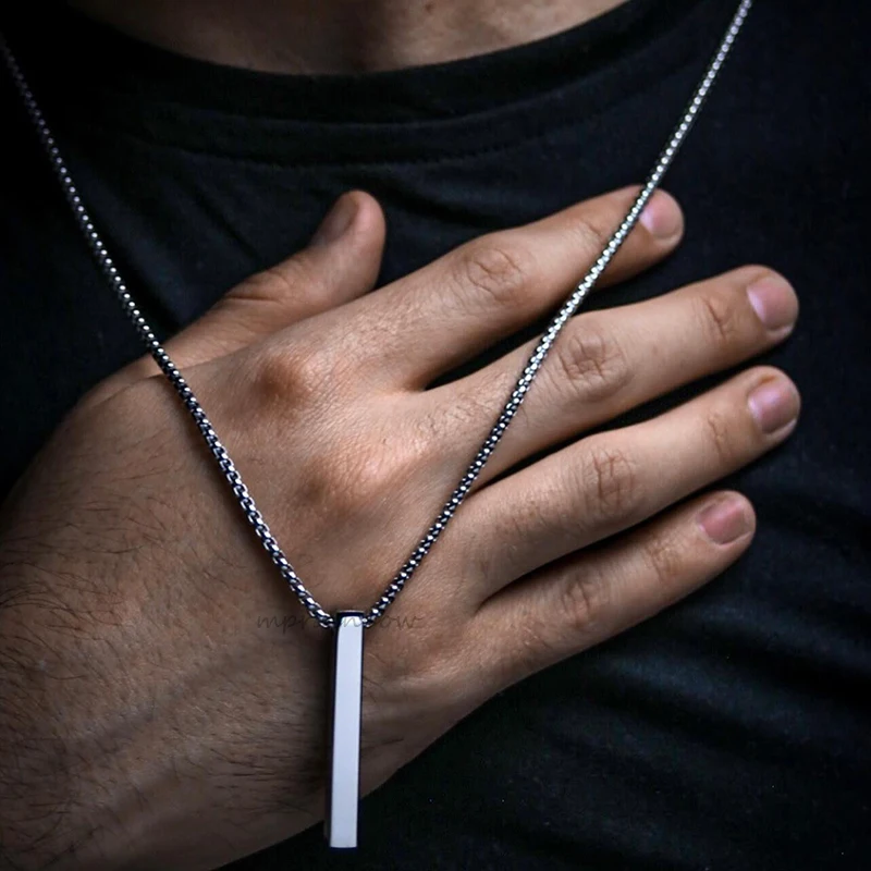 Waterproof Pillar Necklaces for Men Women,Stainless Steel Rectangle Vertical Bar Pendant Necklace,Simple Casual Collar Gifts