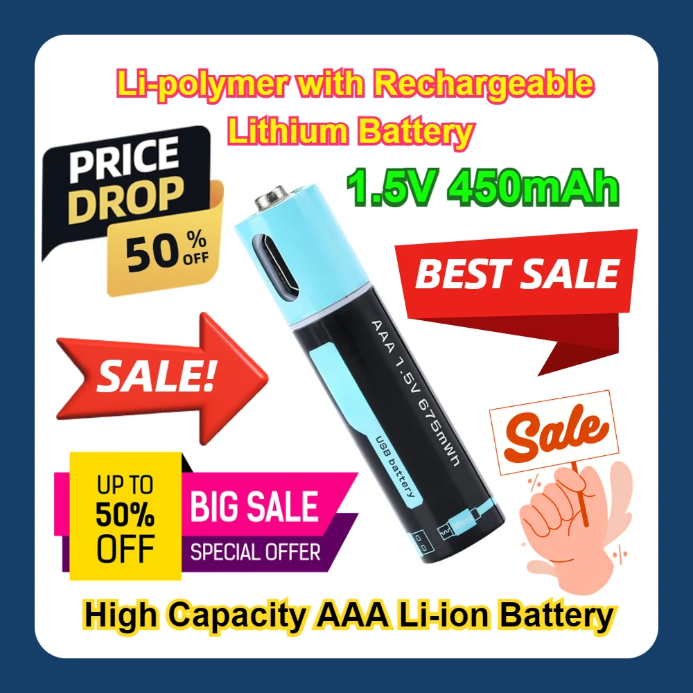 

10pcs High Capacity AAA Li-ion Battery 675mwh Li-polymer with Rechargeable Lithium Battery 1.5V 450mAh