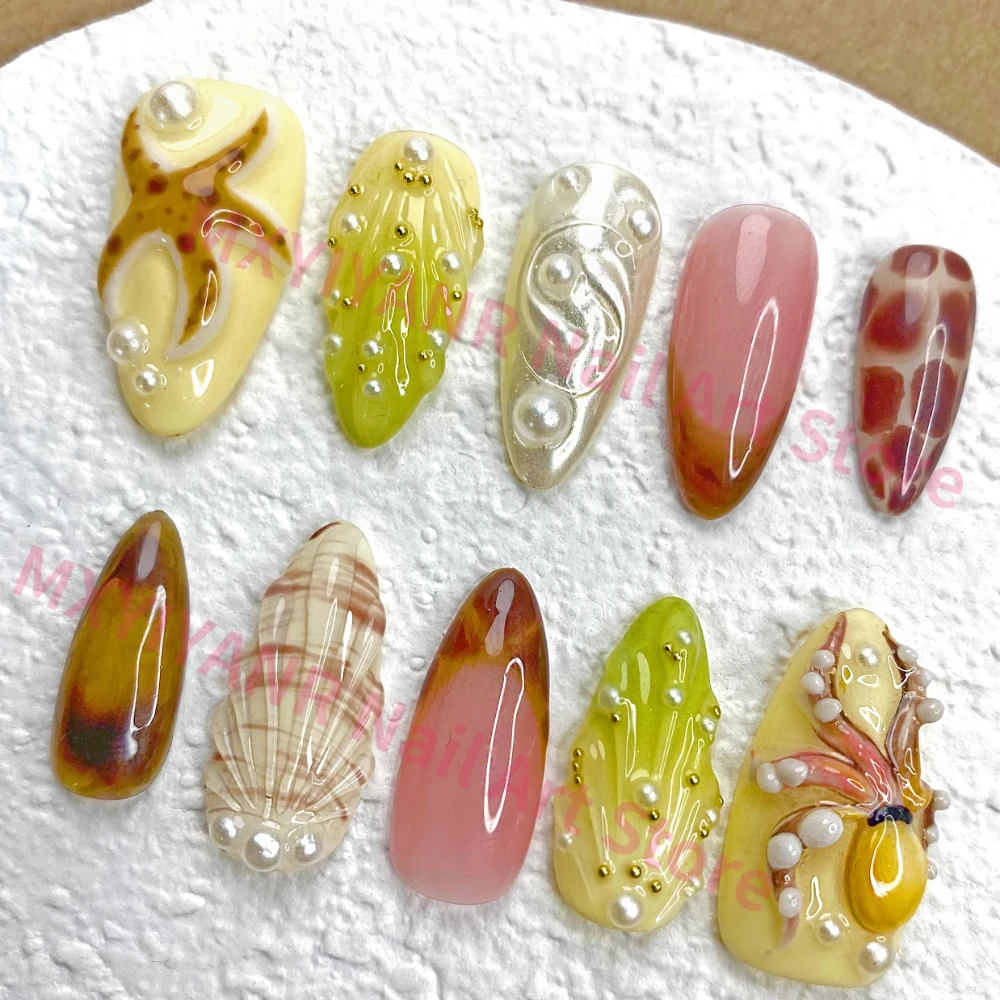 10Pcs Handmade Manicure Medium Almond Fake Nails New 3D Starfish Almond Nails Press On Nails Design with Adhesive Nail File Set