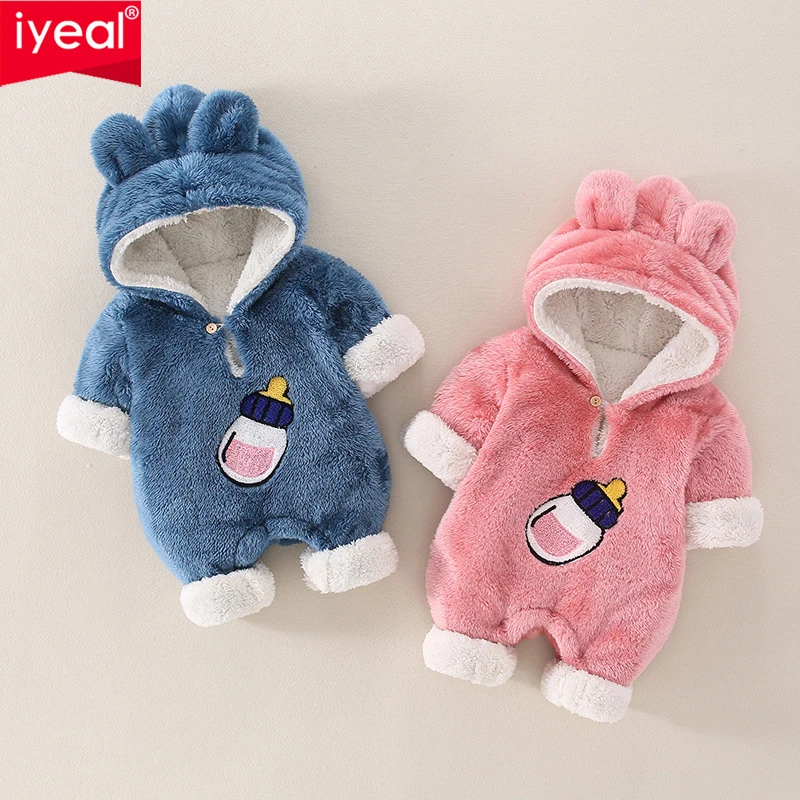 

IYEAL Winter Baby Girls Boys Hooded Jumpsuit For Newborn Rompers Toddler Warm Plush Thickened Jumpsuit Kids Overalls