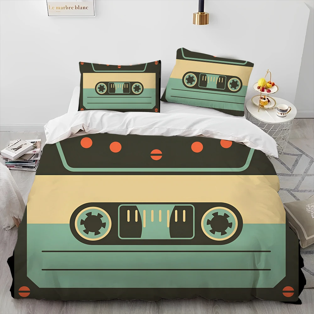 Retro Nostalgia Music Tape Record Comforter Bedding Set,Duvet Cover Bed Set Quilt Cover Pillowcase,King Queen Size Bedding Set