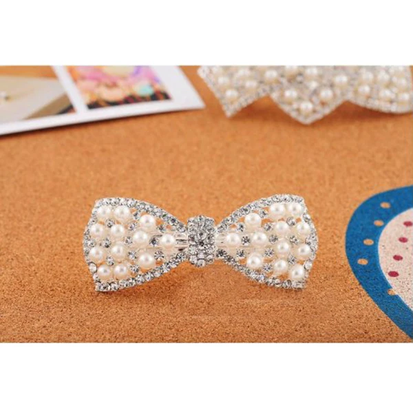 

Заколка для волос с жемчугом и стразами и бантом, заколка для волос для женщин и девочек, элегантный держатель для хвоста, белый, 80x31 см, заколка для волос со стразами