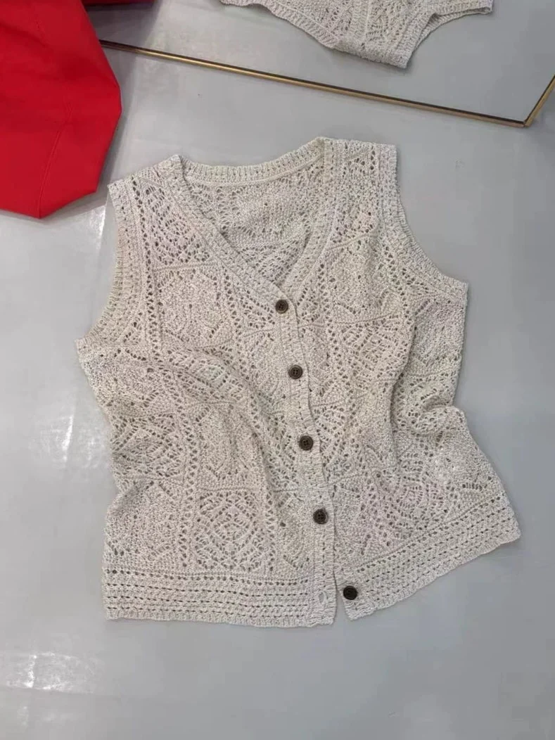 Retro Fashionable Ice Silk Knitted Vest Women's V-Neck Hollow out Summer Top Cardigan A-Line Narrow Shoulder Strap Vest