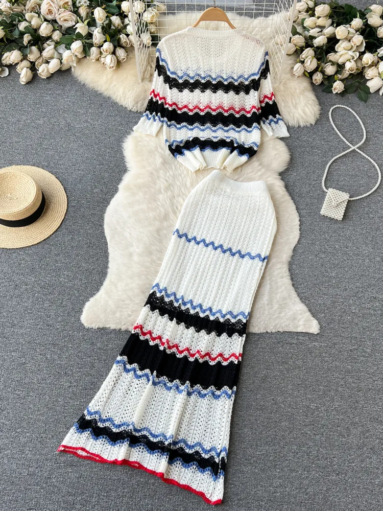 EWQ Sweet Two Piece Set For Women Hollow Out Knitted Contrast Color Sweater + Hip Warp Fishtail Suit Spring Winter 2024 New 4722