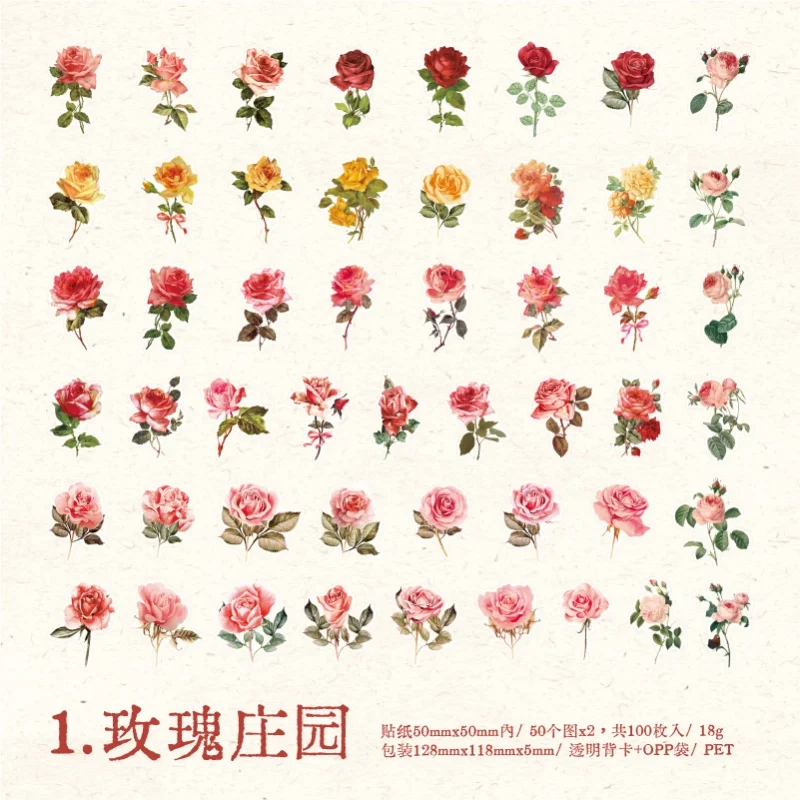 100 stuks bloemstickers, verzameling, PET-stickers, decoratieve, handgemaakte materialen voor scrapbooking, dagboek, album, knutselbenodigdheden.