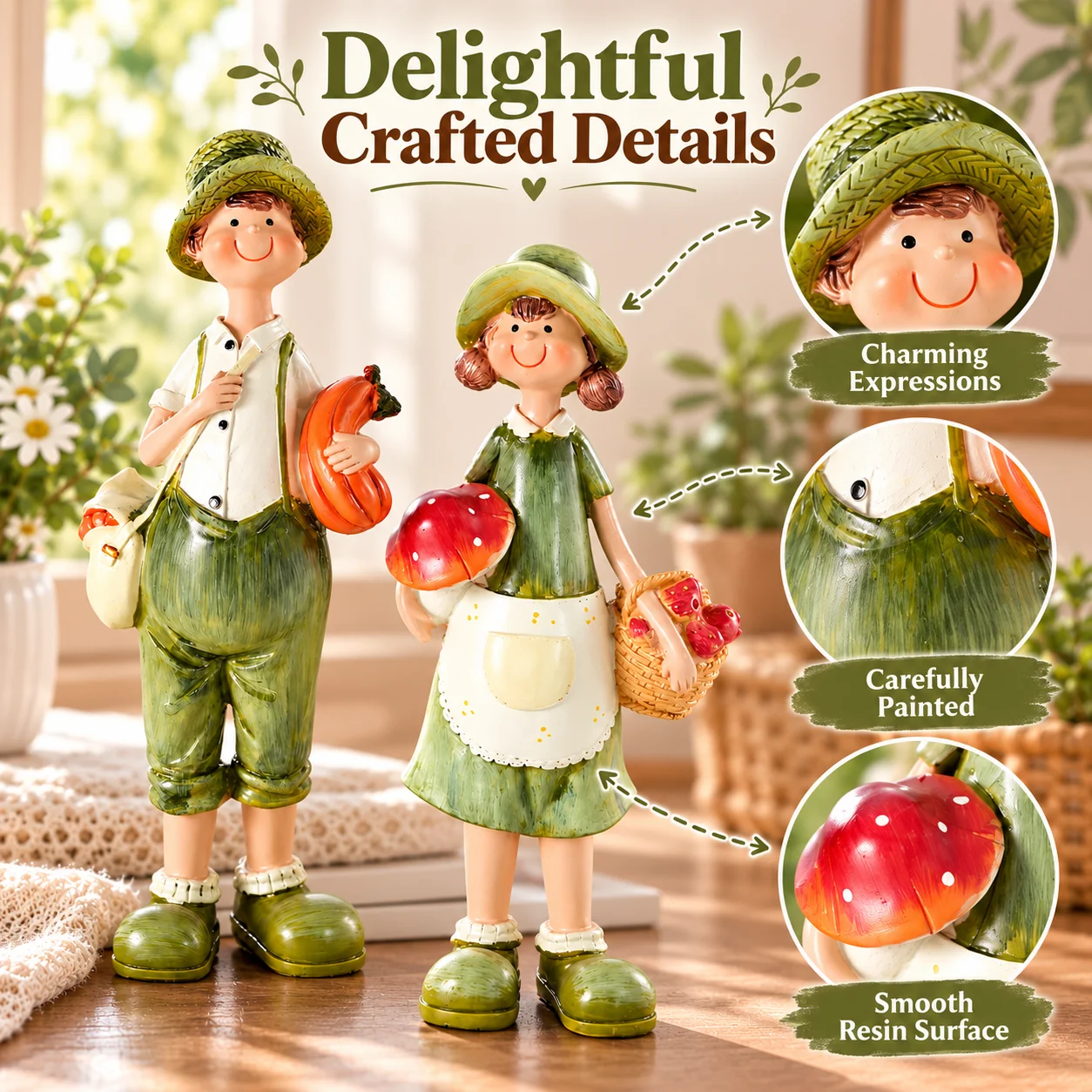 2Pcs Rural Farmer Couple Resin Figurines Cute Boy Girl Statue Garden Desktop Micro Landscape Ornament Home Patio Decor Gifts