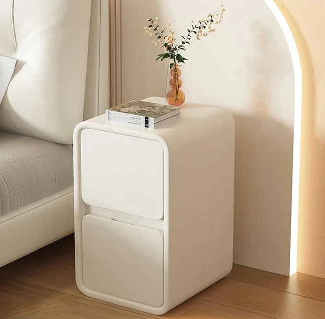 Small Ultra Narrow Mini Storage Cabinet, Creamy-white, Bedside Table, Simple Modern Wood Two Pull Leather