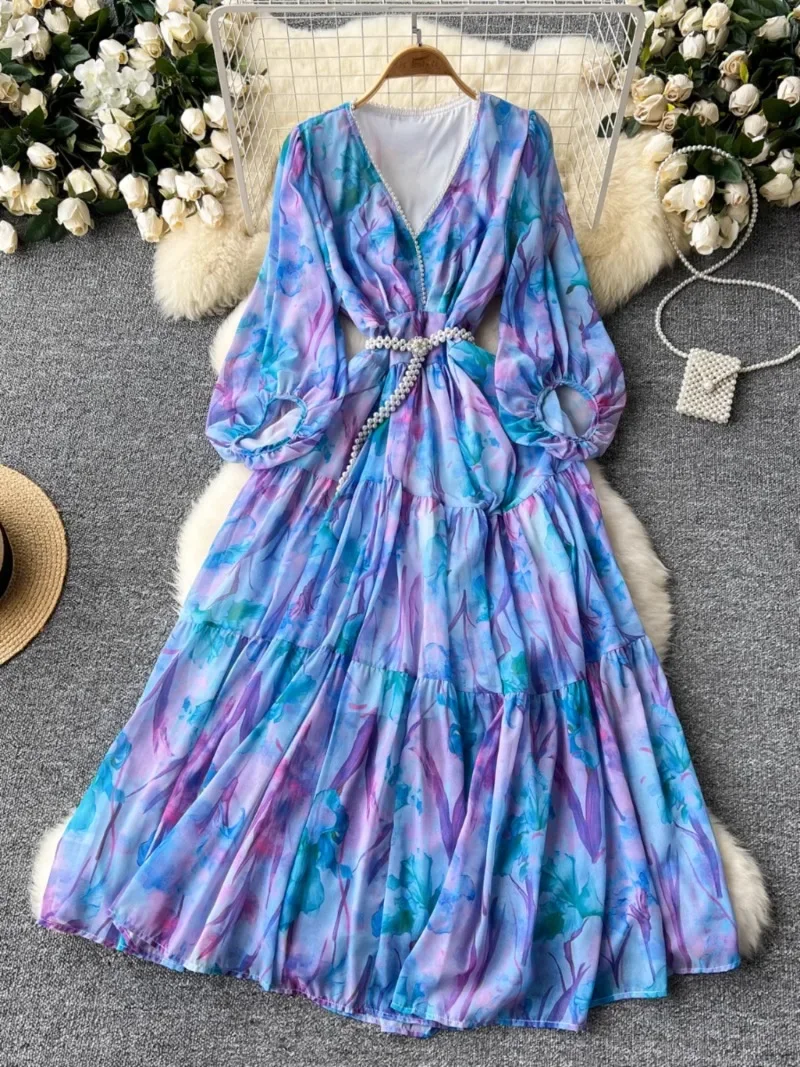 Print Tunic Women 2024 Vestidos V-neck Lantern Sleeve Dresses Elegant Temperament Dress Advanced Sense Vestido Clothing