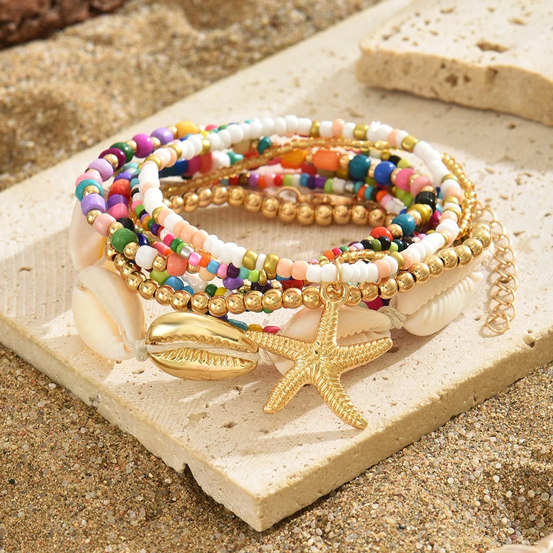 7Pcs Bohemian Style Starfish Shell Hand Woven Bracelet For Women Girls Fashion Beaded Bracelet Summer Beach Vacation Accessories