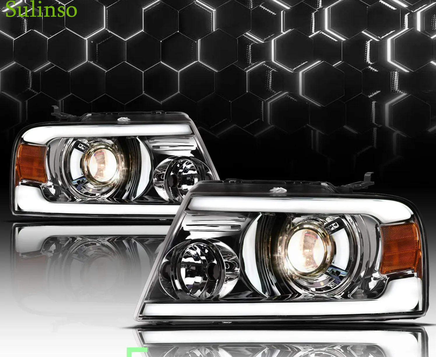 Sulinso 2pcs  Headlights With White LED Light Bar - Chrome Amber Fits 2004-2008 Ford F150 / 2006-2008 Lincoln Mark LT