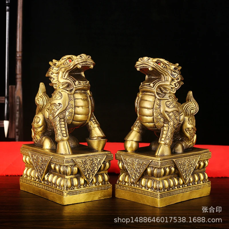 A Pair Of Copper Wealth-Guarding Ornaments A Base, Qilin With Feet Stepping On Gold Coins, Home Entrance Decoration,