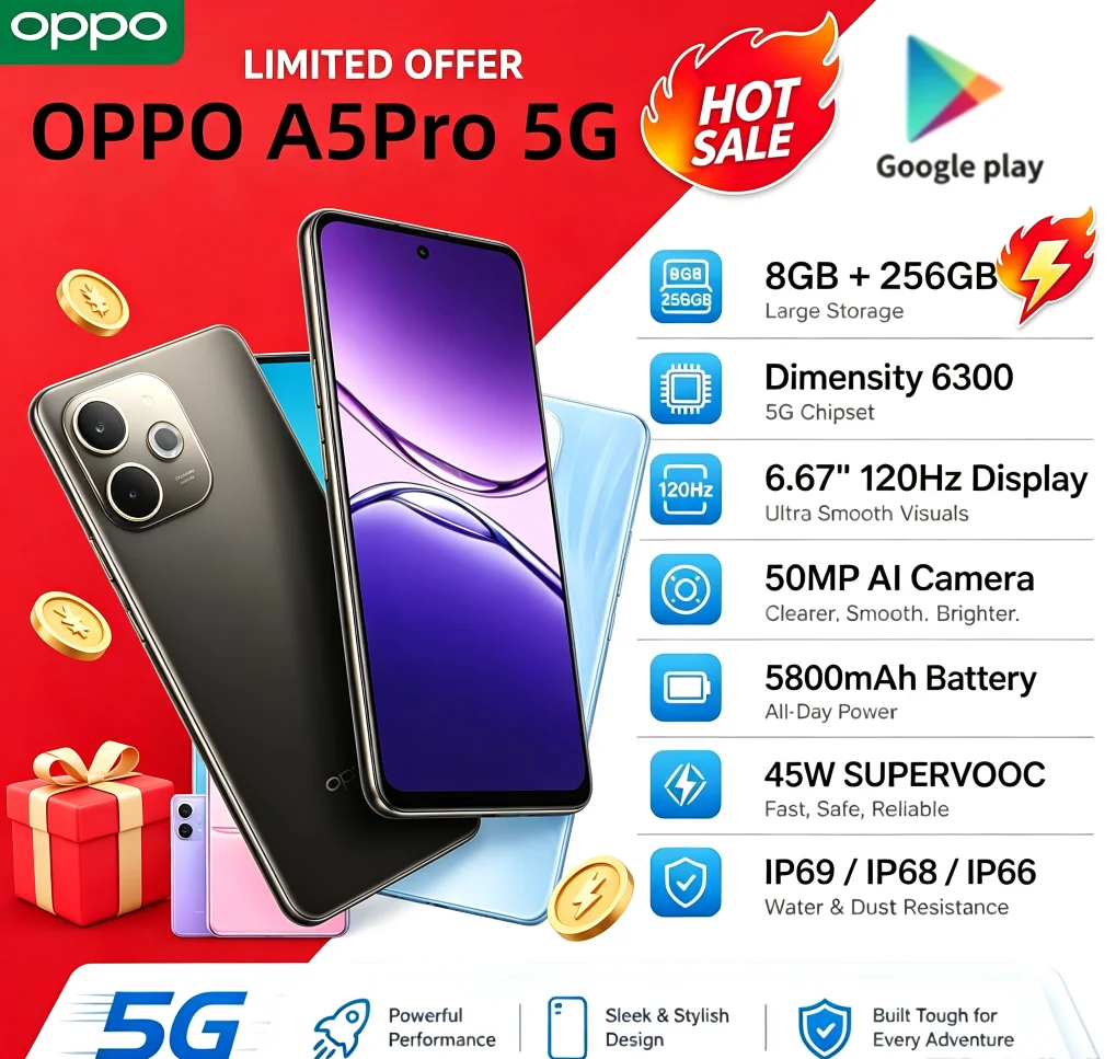 2026 Genuine OPPO A5Pro Global Unlocked Mobile Smartphone 8GB RAM 256GB ROM 6.5'' HD+ Waterdrop Screen Helio P35 Light‑Weight