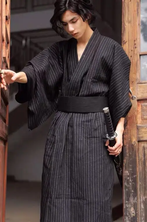 Traditional Japanese KIMONO Fashion YUKATA Summer Men Long Robes With Belt 95% Cotton Pajamas Set Male Sleepwear Bathrobe