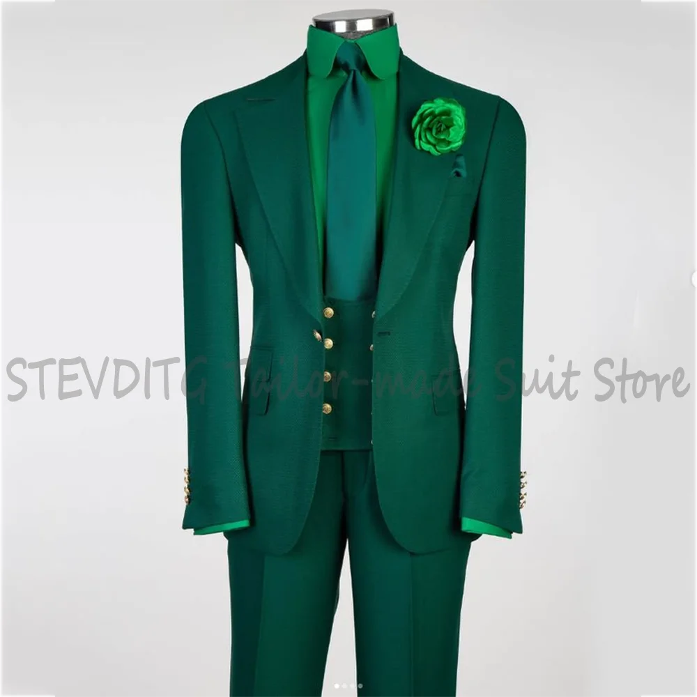 Green Peaked Lapel Men's Suit Three Piece Set Slim Fit Single Button Formal Outfit for Wedding Groom Business Meeting Office