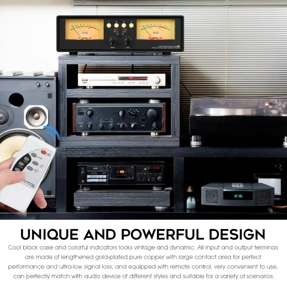 Analog Dual VU Meter MIC+LINE Stereo Music Spectrum Display Sound Level Indicator 4-Port Audio Splitter Switcher Box