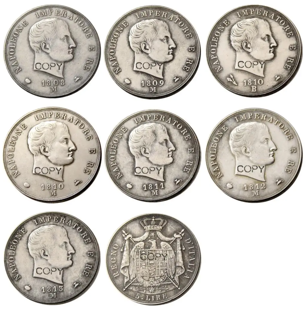 ITALIAN STATES, KINGDOM OF NAPOLEON, Napoleon I, 5 Lire, 1808m-1813m 7pcs Silver Plated Copy Coin