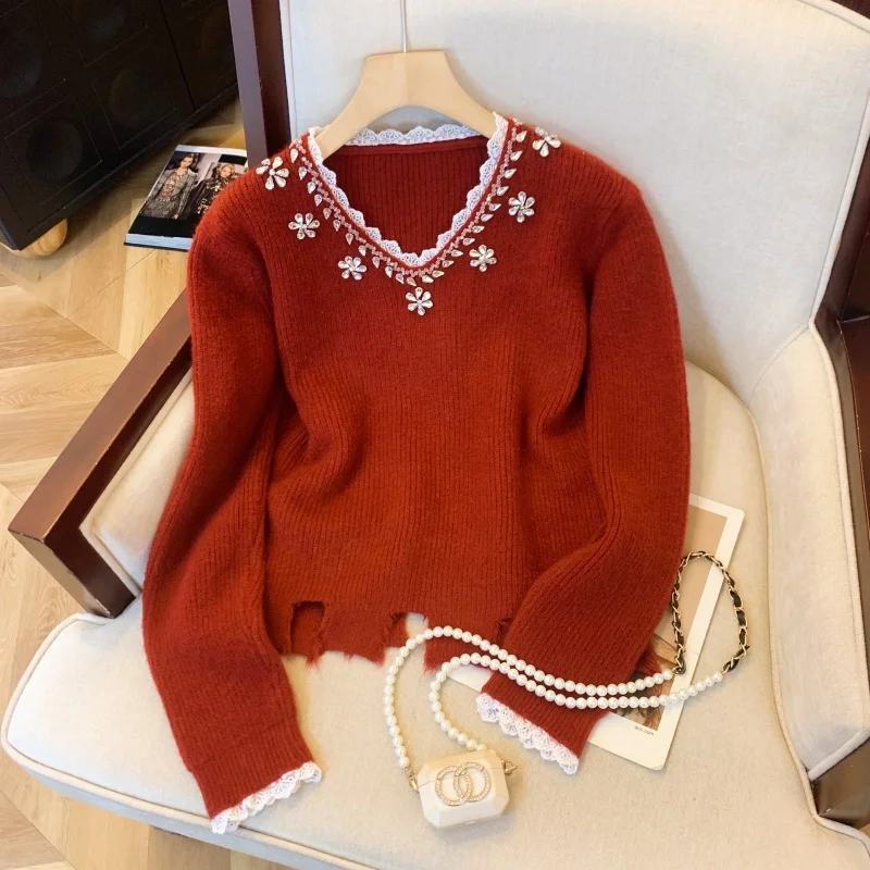 

Women's Solid Color V-neck Long Sleeve Casual Sweater Y2K Harajuku High Street Aesthetic Retro Top Sweater Winter Clothing 2025