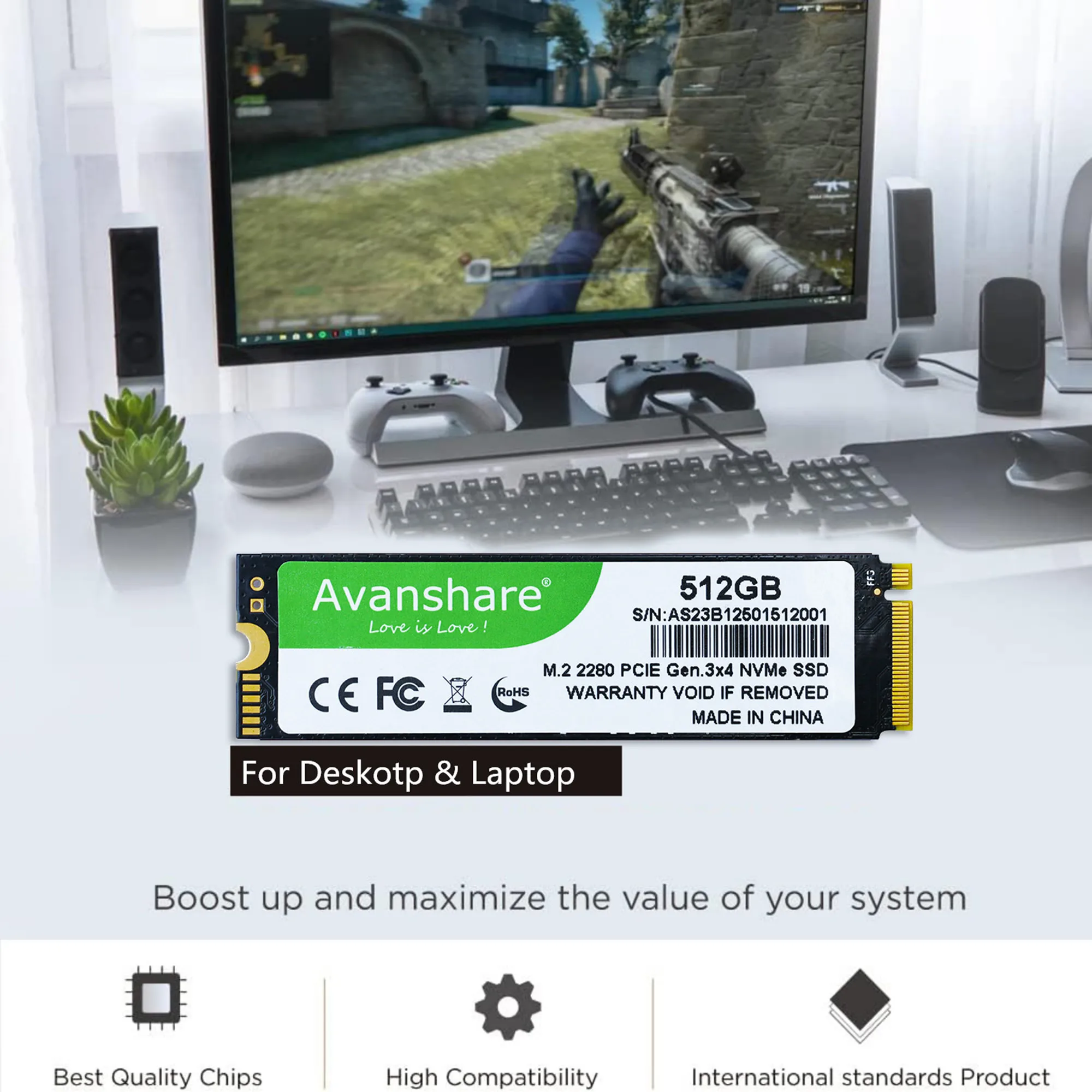 Avanshare SSD M.2 NVMe 128GB 256GB 512GB 1TB 2TB M2 NVMe PCIe3.0 M.2 2280 SSD Hard Drive Solid State Disk for Laptop Desktop