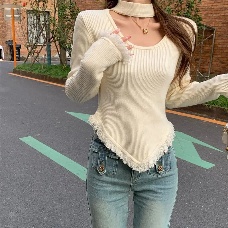 

Nice Halter Pullovers Women Clothing Simplicity Tassel Solid Color O-neck Long Sleeve Knitting Top Tee Autumn Trend Slim Pullove