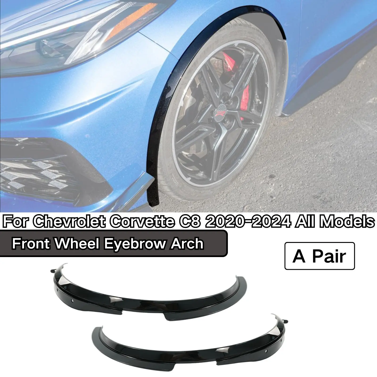 Para Chevrolet Corvette C8 2020 2021 2022-2024, todos los modelos, rueda delantera, arco de cejas, guardabarros, moldura acampanada, protectores embellecedores, negro brillante