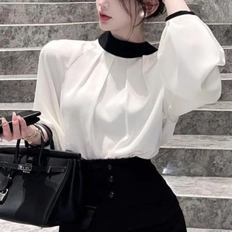 Fashion Loose Lace Up Bow Folds Lantern Sleeve Blouse Female Clothing 2023 Autumn New Casual Tops All-match Office Lady Shirt