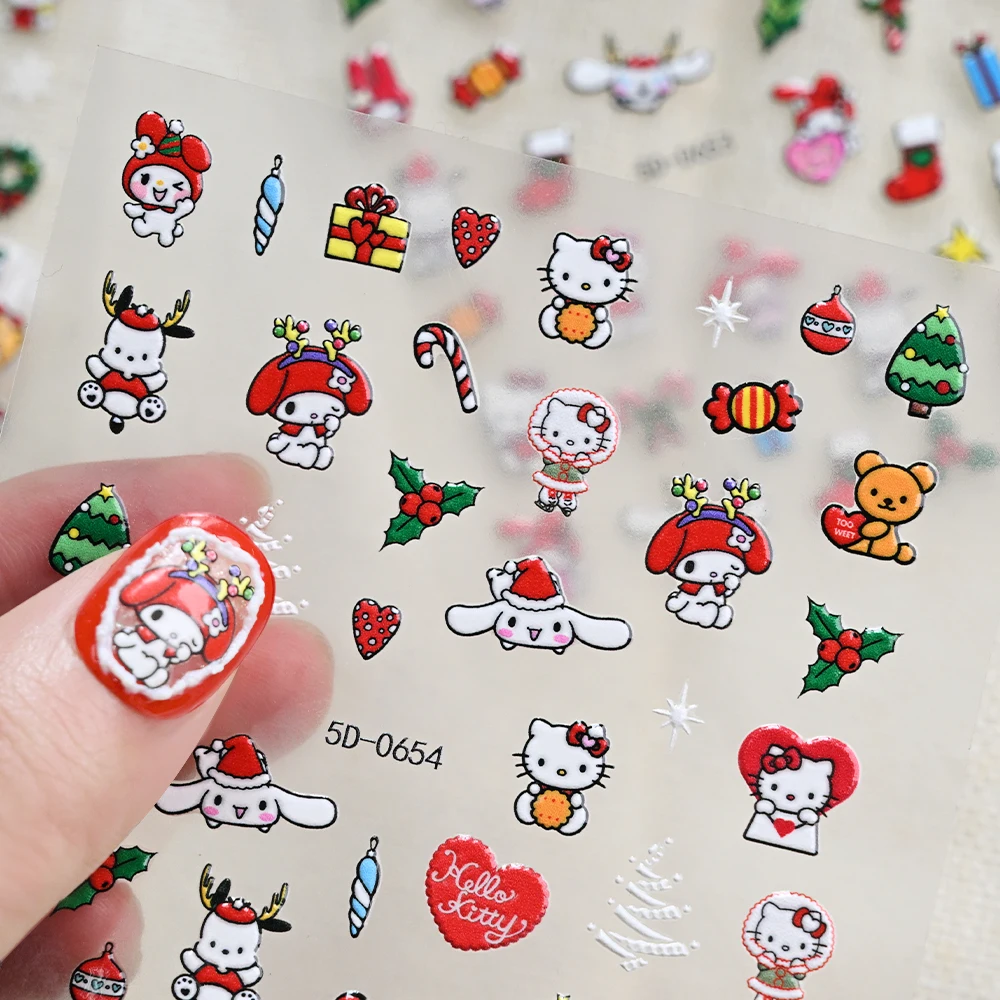 5D Nuovo Hello Kitty Pelle di Natale Adesivi per unghie 3D Simpatico cartone animato Natale Kuromi My Melody Decalcomanie per unghie Autoadesive Kawaii Nail Deco