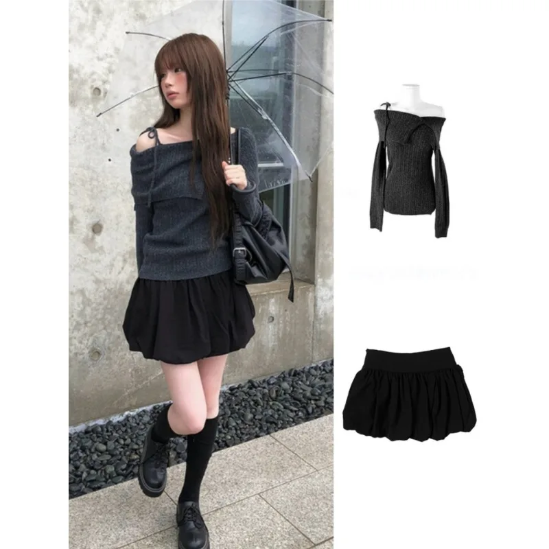 

2025 Autumn New Streetwear Off-shoulder Lace Up Sexy Long Sleeve Sweater Women + High Waist Pleated Mini Skirt Two-piece Suit