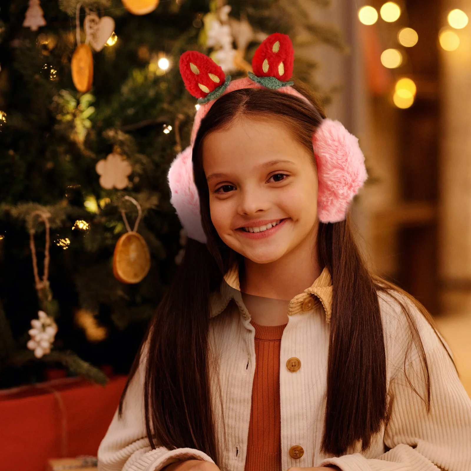 Funda cálida de fresa, diadema de invierno para niña y mujer, calentador de felpa de lujo