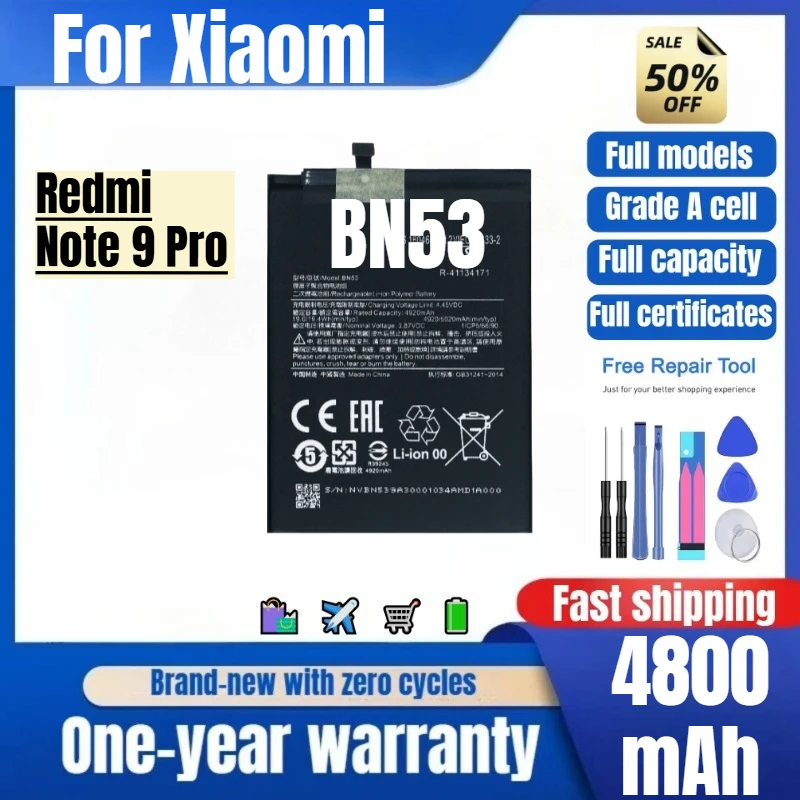 

BN53 for Xiaomi Redmi Note 9 Pro Phone Battery 0 Cycle High Quality High Capacity Replacement Bateria Grade A Cell with Tools