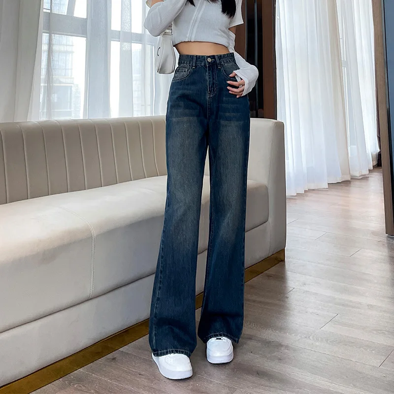 

2024 Spring Woman Baggy Wide-Leg Jeans Cotton High Waist Straight Trousers Vintage Wash Korean Fashion Trendy Denim Pants