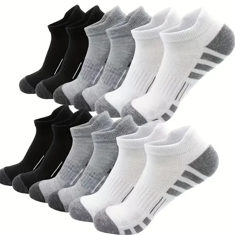 12 Pairs Men Black White Grey Towel Bottom Sweat Absorbent Anti Odor Breathable Non Slip Ear Loop Short Socks For Running Sport
